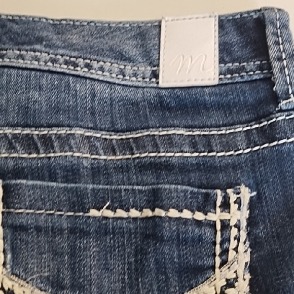 Dark Blue Jean Shorts with Frayed Cudded Hem and Decorative Stitching - Picture 12 of 15